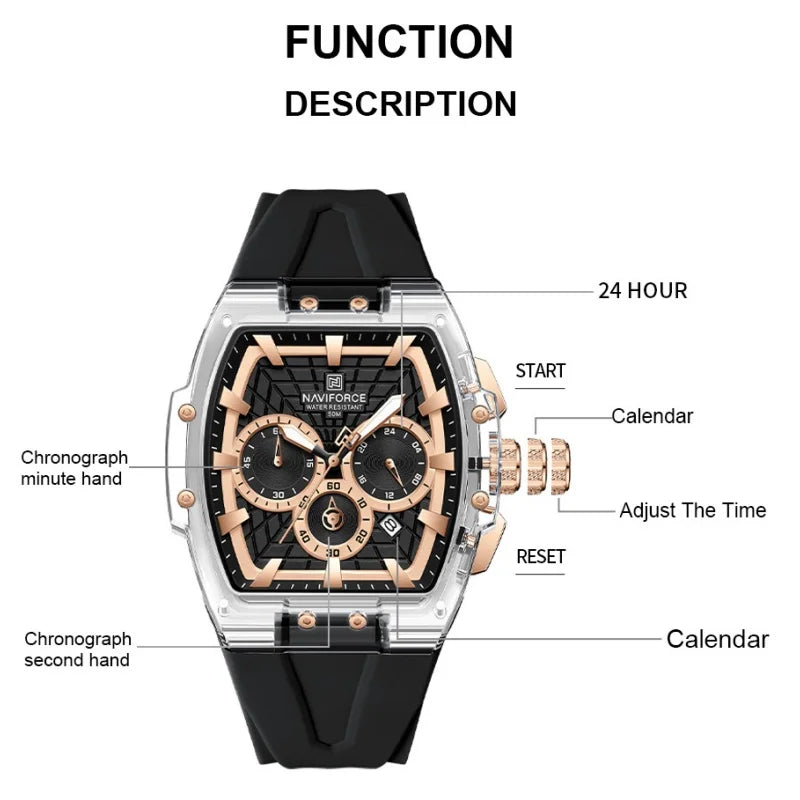 NAVIFORCE Men's Quartz Watch Waterproof Luminous Chronograph with Date Display 24-Hour Male Military Sports Wristwatch Gift Box