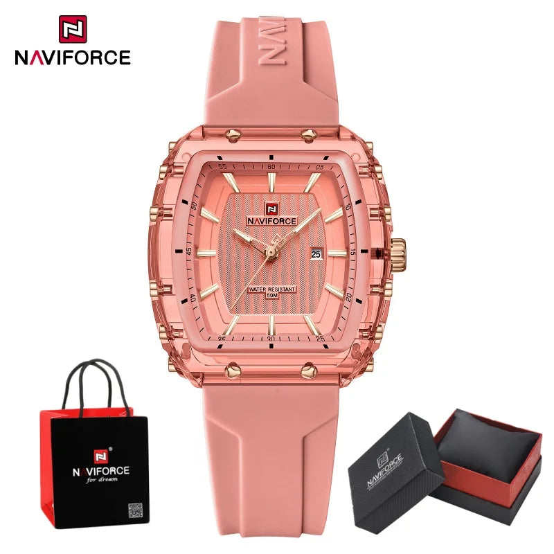 NAVIFORCE Woman's Watch Quartz Calendar 5ATM Waterproof Silica Strap Elegant Ladies Luxury Stylish Simple Wristwatch Gift Box