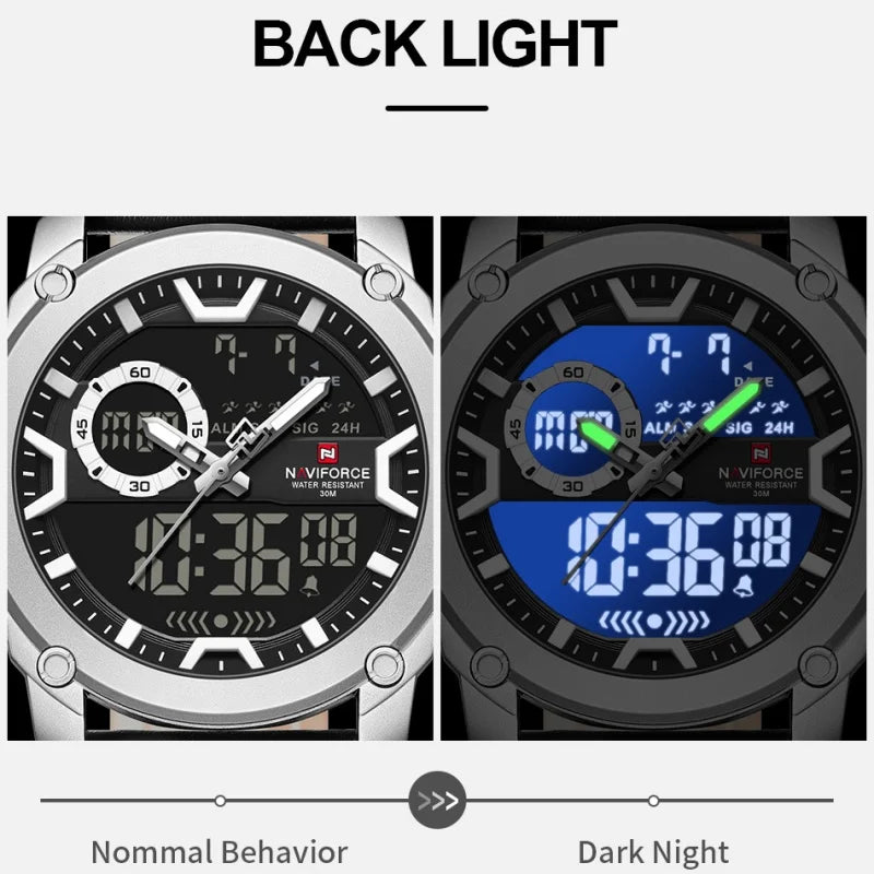 NAVIFORCE Man's Watch Quartz Dual Display Waterproof Leather Strap Alarm Male Simple Fashion Business Casual Wristwatch Gift Box