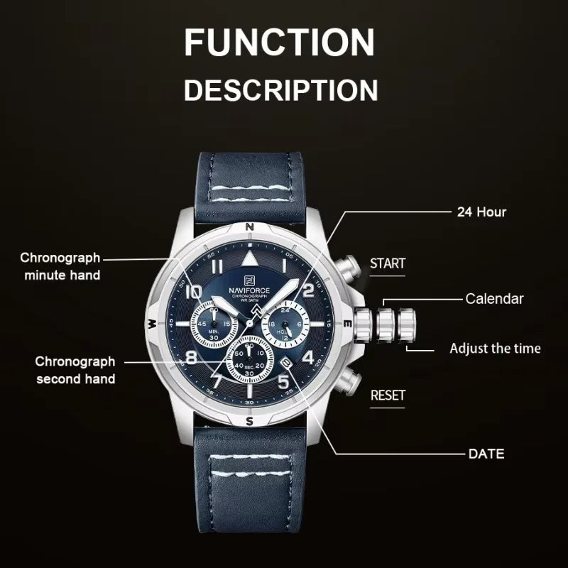 NAVIFORCE Men's Quartz Chronograph Wristwatch Multi Dial 24 Hour Clock Leather Band Modern Business Luxury Design Men Gift Watch