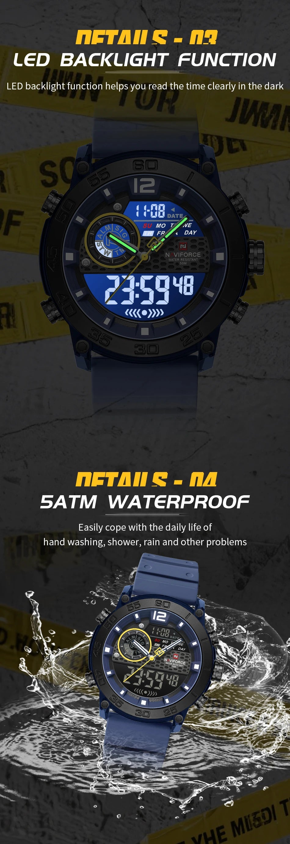 NAVIFORCE Men's Watch PC Material Analog LCD Digital Display Sport Waterproof Quartz Wristwatch Date Chronograph Luminous Clock