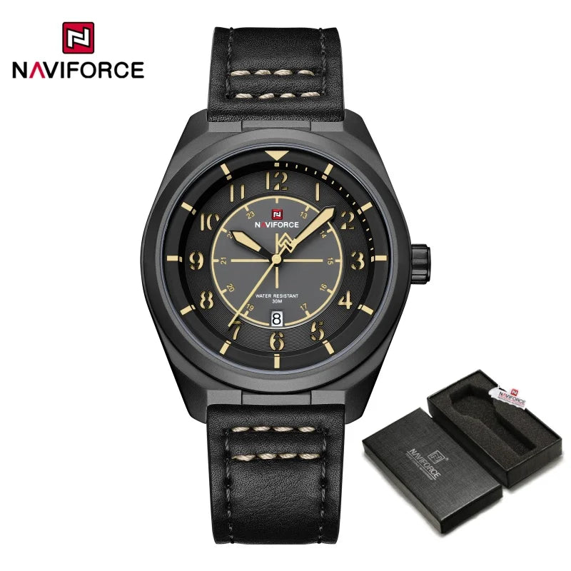 NAVIFORCE New Men Retro Quartz Watch Calendar 30M Waterproof Leather Strap Male Simple Trendy Mature Business Wristwatch NF9281L