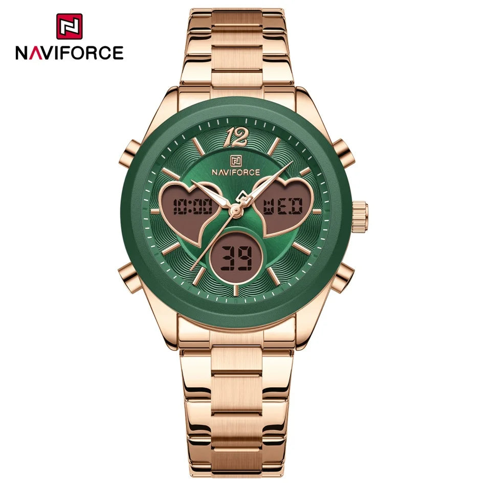 NAVIFORCE Women Watch Unique Design of Heart-Shaped Dial Quartz Analog LCD Digital Watches Fashion Casual Girlfriend Gifts Clock