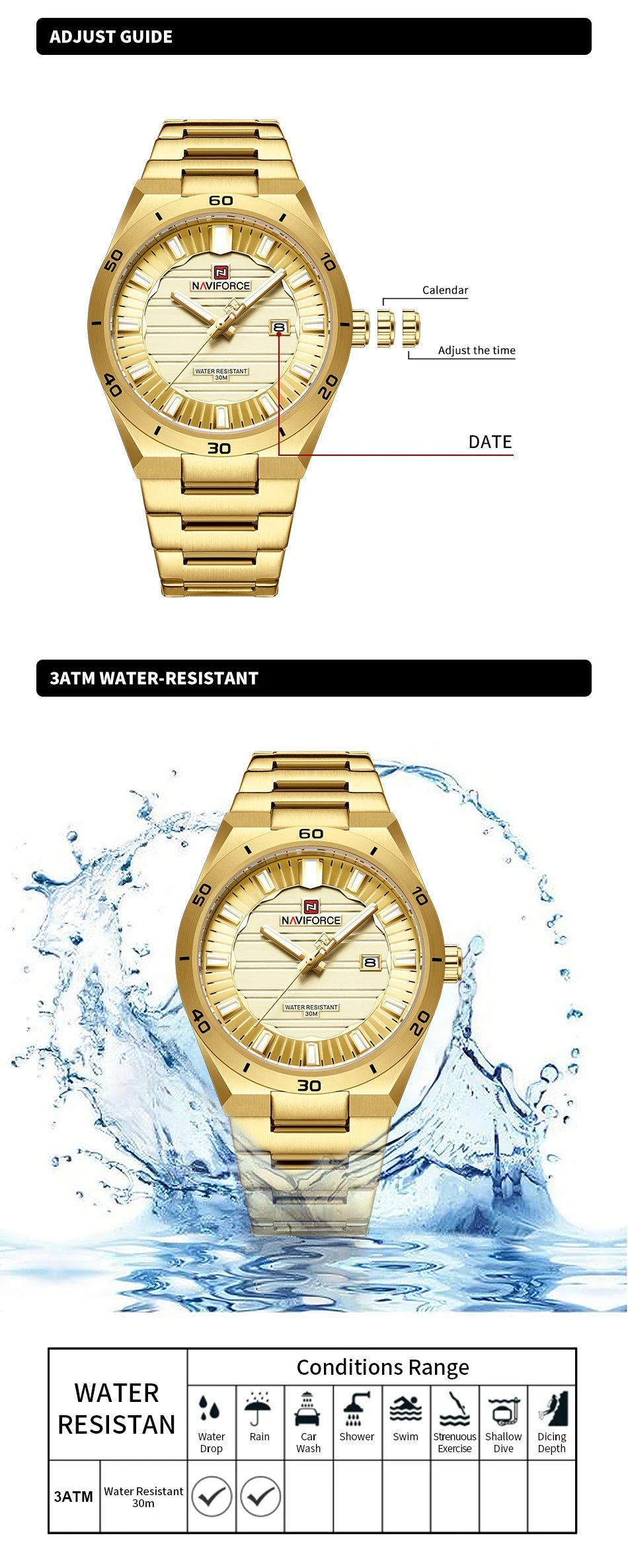 NAVIFORCE Men Quartz Watch Date Display Luminous Waterproof Steel Strap Original Fashion Father's Day Wristwatch Gift Box NF9268