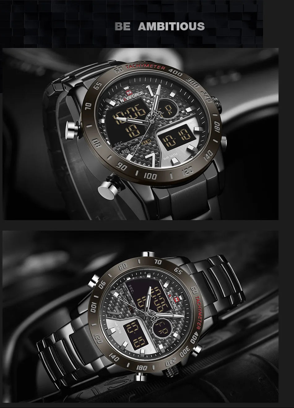 NAVIFORCE Male Quartz Dual Display Clocks Waterproof Luminous Stainless Steel Strap Watches Men Mature Style Wristwatch Gift Box
