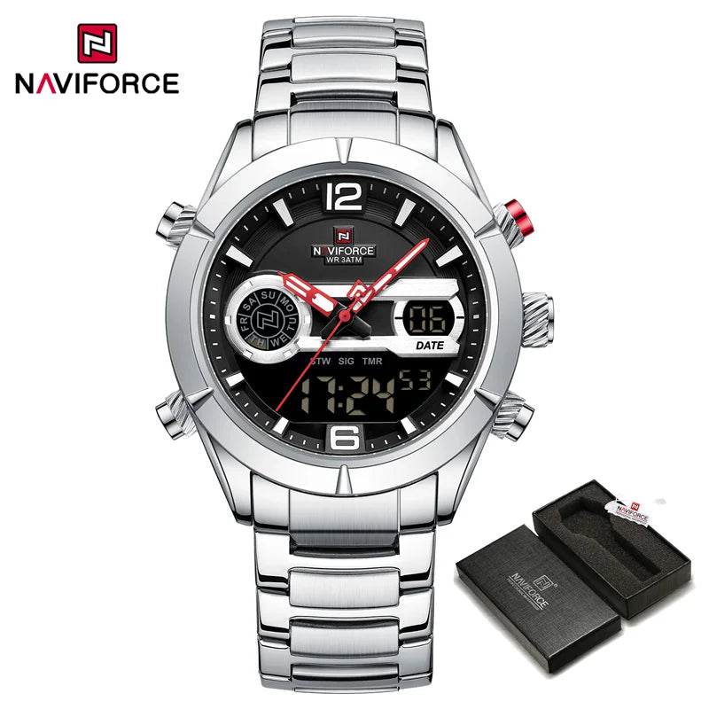 NAVIFORCE Brand Luxury Watch For Men Waterproof Digital Sport Quartz Wristwatches Military Luminous Stainless Steel Strap Clock