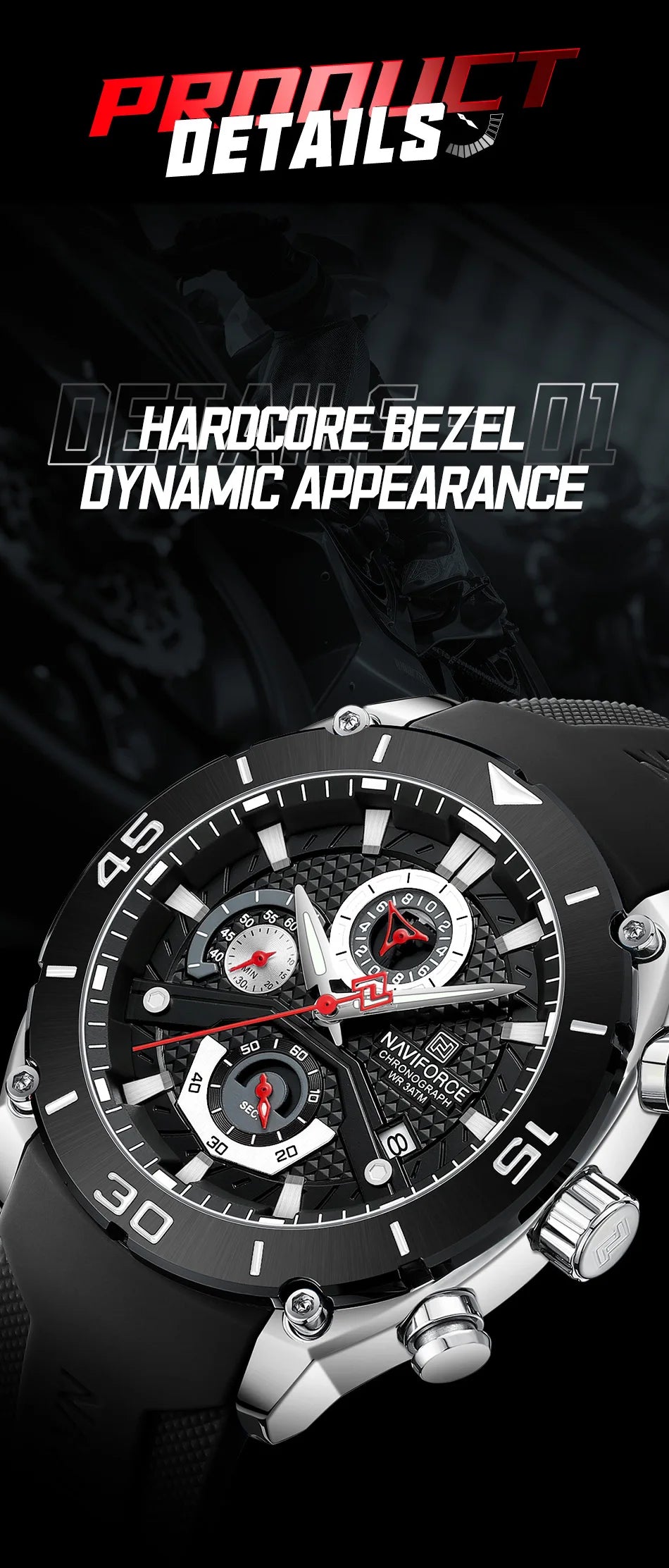 NAVIFORCE Man's Watch Quartz Chronograph 30M Waterproof Luminous Silicone Strap Trendy Sports Simple Wristwatch Gift Box for Men