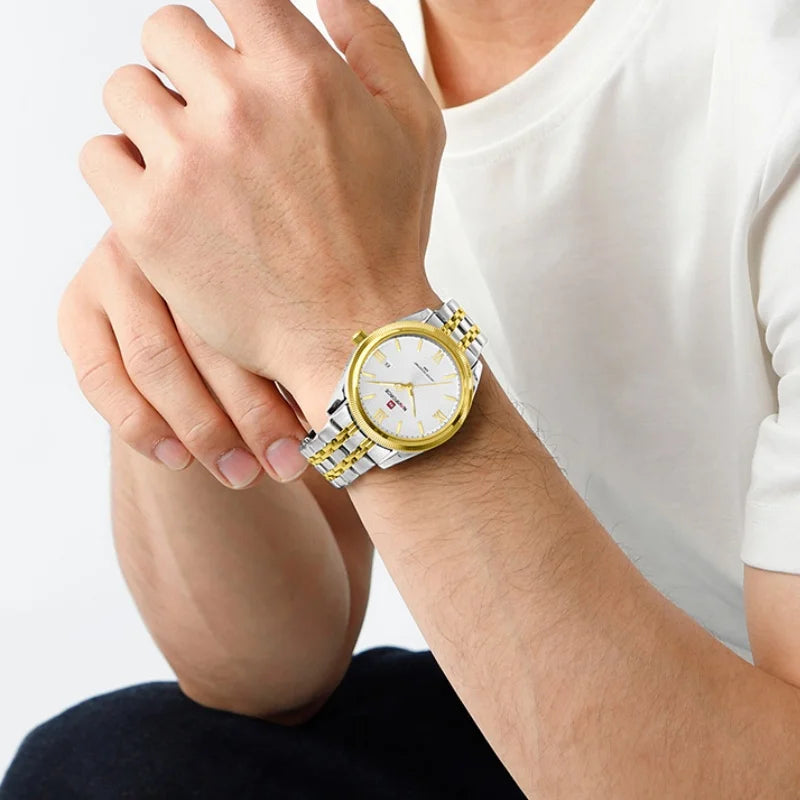 NAVIFORCE Man Wristwatch Quartz Calendar 30M Waterproof Date Display Steel Band Casual Male Business Watch Gift for Father's Day
