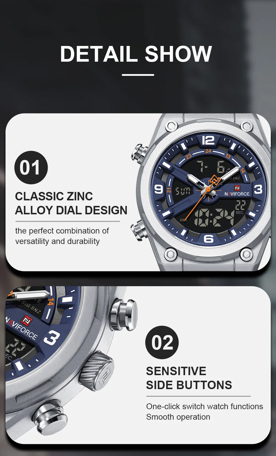 NAVIFORCE Man Watch Fashion Casual Sports Dual display Silicone Strap Waterproof Alarm Chronograph Day and Date Watches for Men