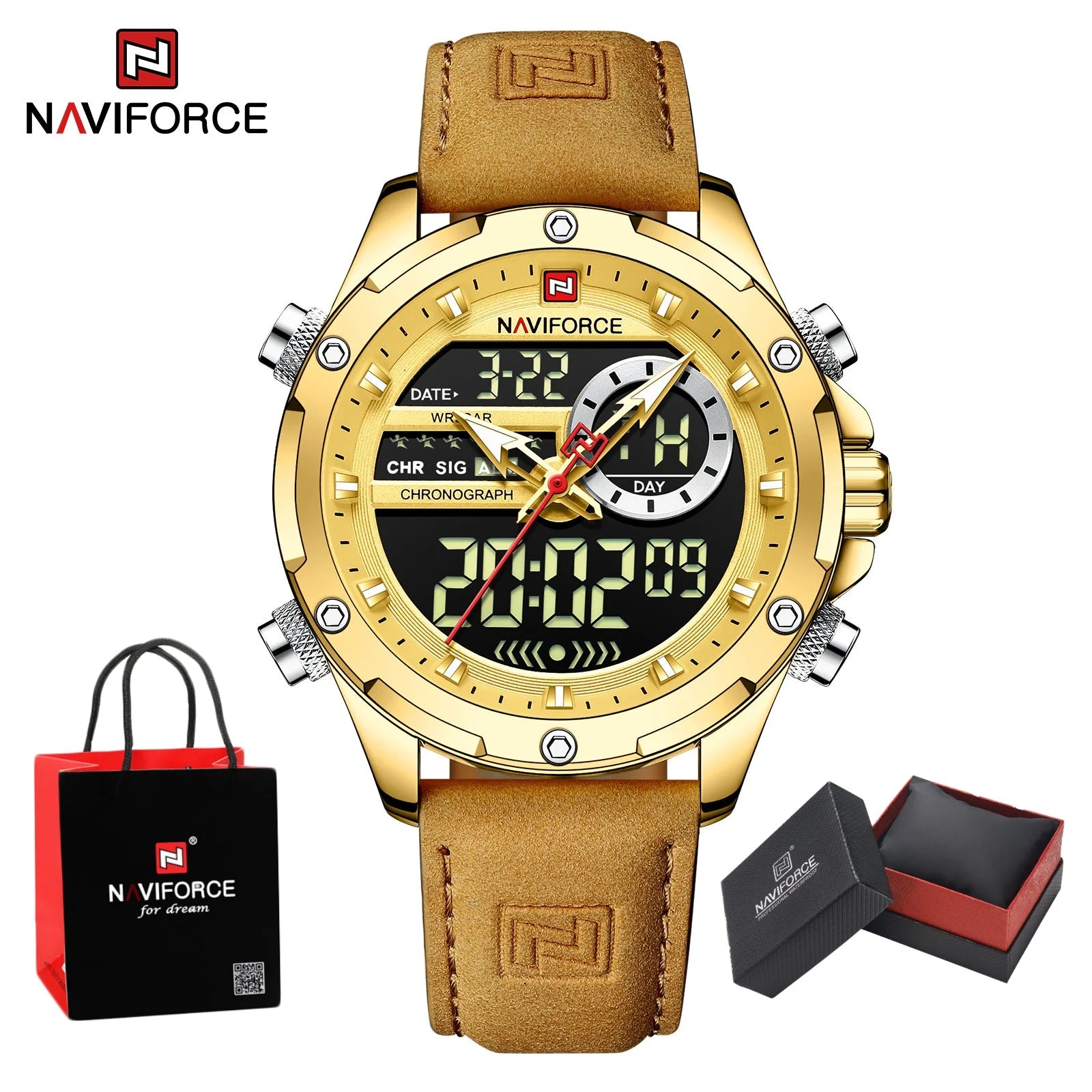 NAVIFORCE Quartz WristWatch For Men Luxury Brand Original Watch Casual Sports Chronograph Leather Waterproof Clock Package Gifts