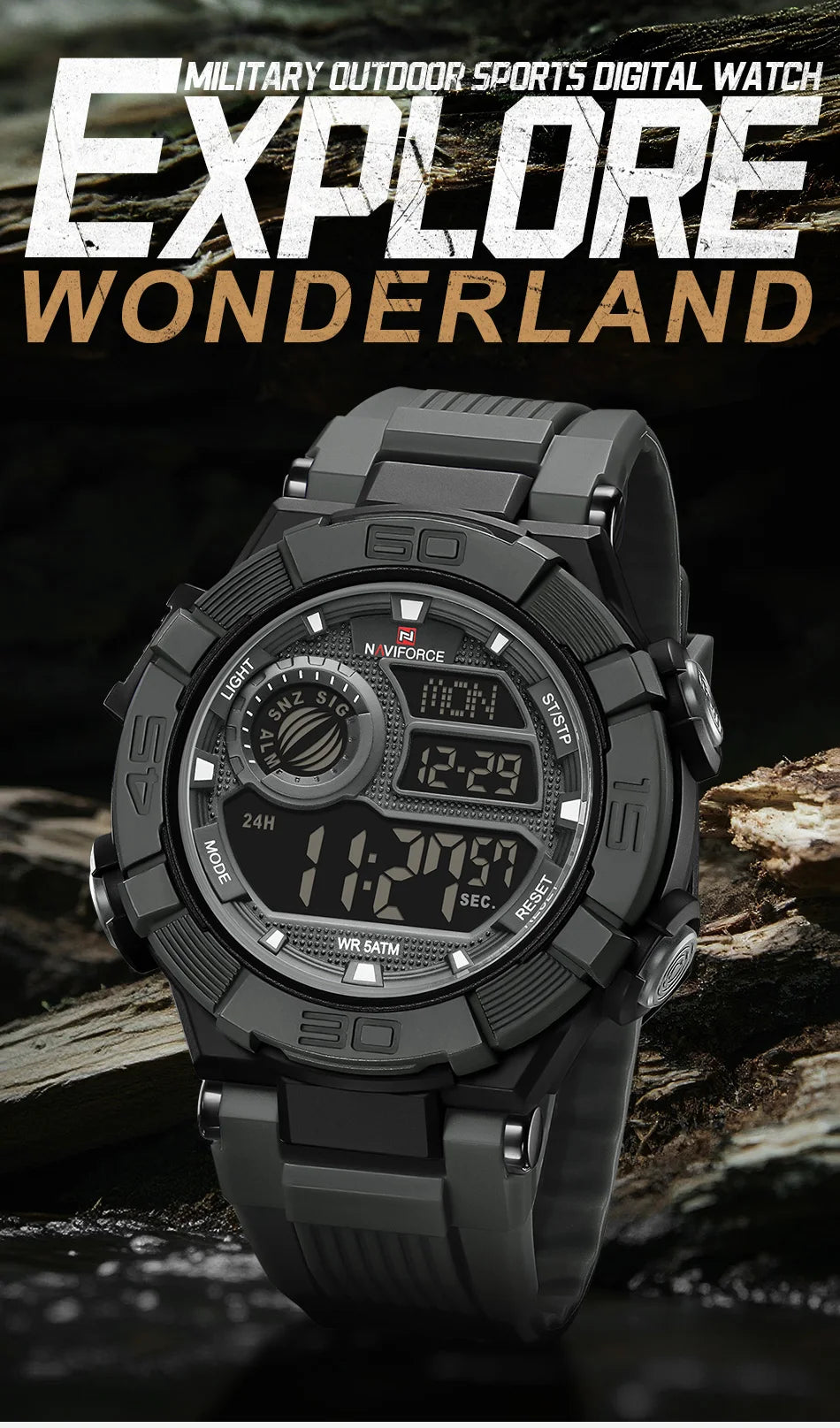 NAVIFORCE Men's Watch LCD Digital 50M Waterproof Multifunction Soft TPU Strap Military Style Teenager Sports Outdoor Wristwatch