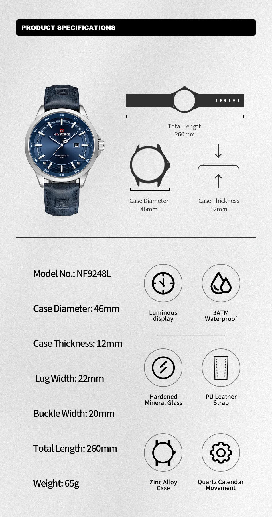 NAVIFORCE Watches For Men Quartz Auto Date Waterproof Leather Strap Male Casual Fashion Daily Wear Business Man's Clocks NF9248L