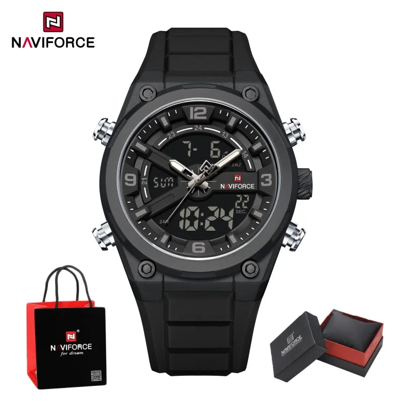NAVIFORCE Man's Watches Dual Display Week and Date Waterproof Luminous Silicone Strap Male Business Fashion Wristwatch Gift Box