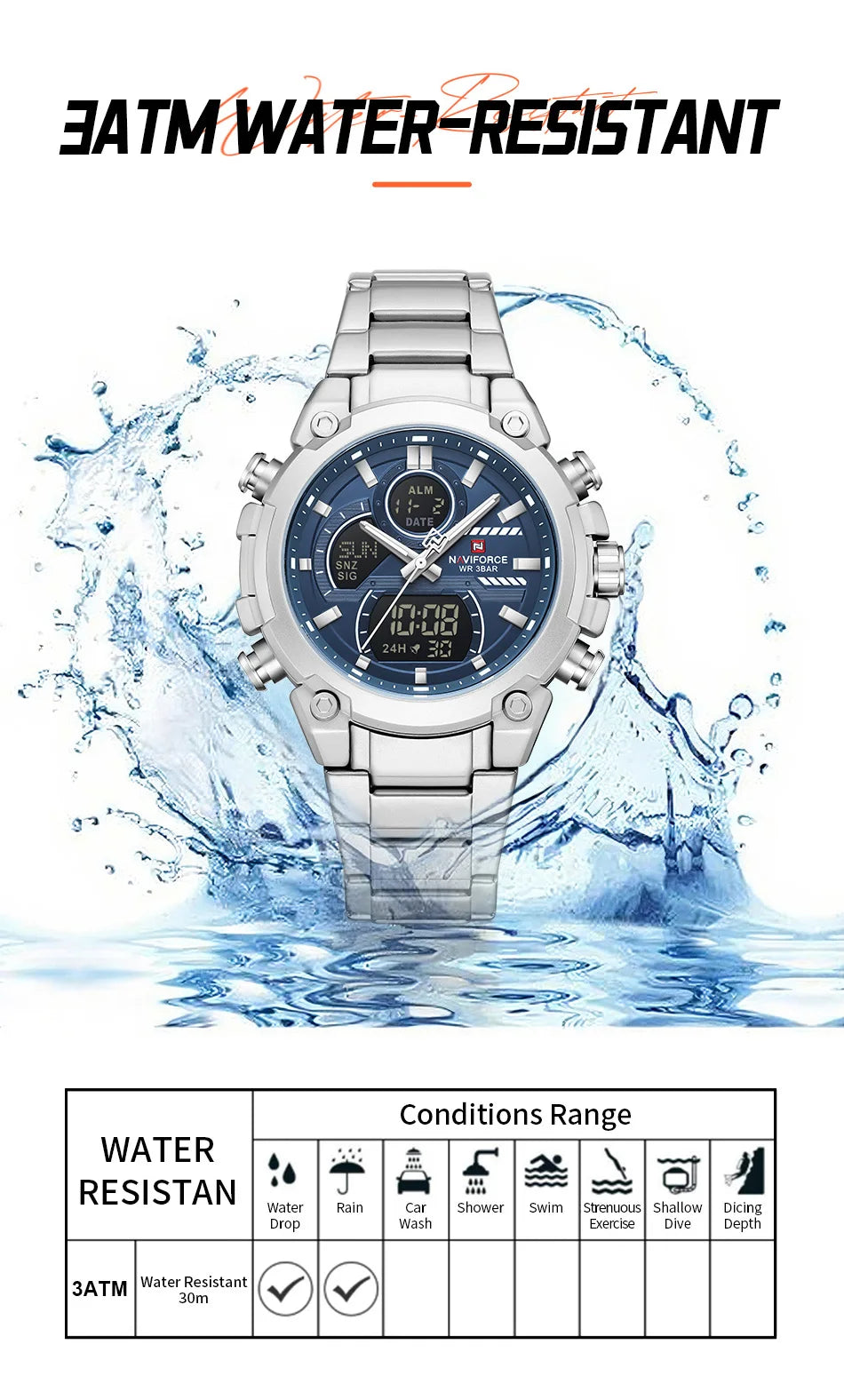 NAVIFORCE Watch For Men Stainless Steel Sport Casual Fashion Dual Display Sport Multifunction Chronograph men Waterproof Watch