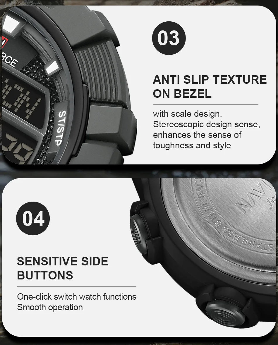 NAVIFORCE Men's Watch LCD Digital 50M Waterproof Multifunction Soft TPU Strap Military Style Teenager Sports Outdoor Wristwatch