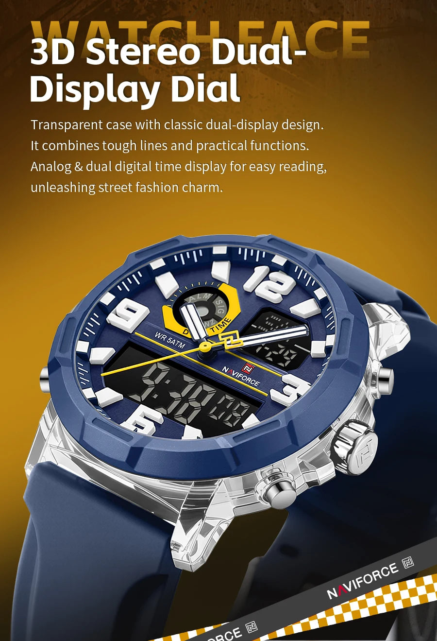 NAVIFORCE Men Dual Display Watch Alarm Clock 50M Waterproof Chronograph Stylish Novel Teenager Outdoor Sport Wristwatch Gift Box