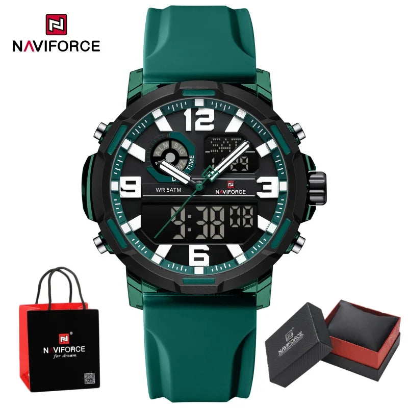 NAVIFORCE Men Dual Display Watch Alarm Clock 50M Waterproof Chronograph Stylish Novel Teenager Outdoor Sport Wristwatch Gift Box