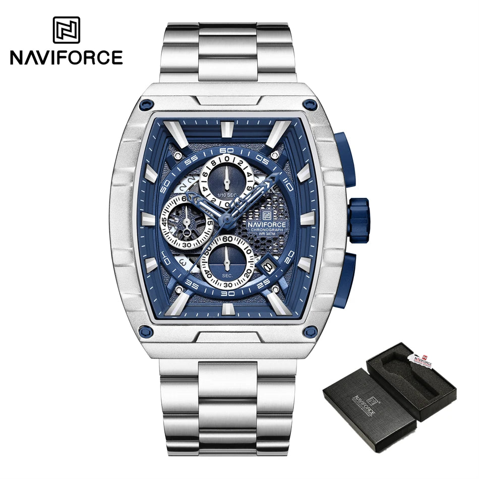 NAVIFORCE Quartz Watch for Men Fashion Waterproof Luminous Chronograph Wristwatch Auto Date Stainless Steel Strap Clock Gift