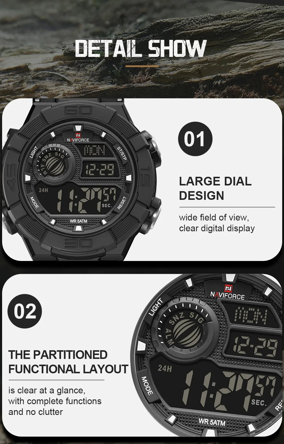 NAVIFORCE Man's Watch LCD Digital NF7131 Original Design Luminous Big Dial TPU Strap Outdoor Wristwatch Gift Box for Students