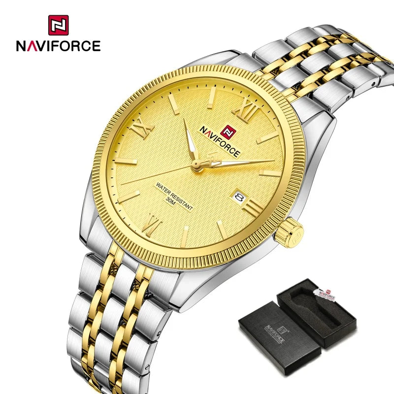 NAVIFORCE Man Wristwatch Quartz Calendar 30M Waterproof Date Display Steel Band Casual Male Business Watch Gift for Father's Day