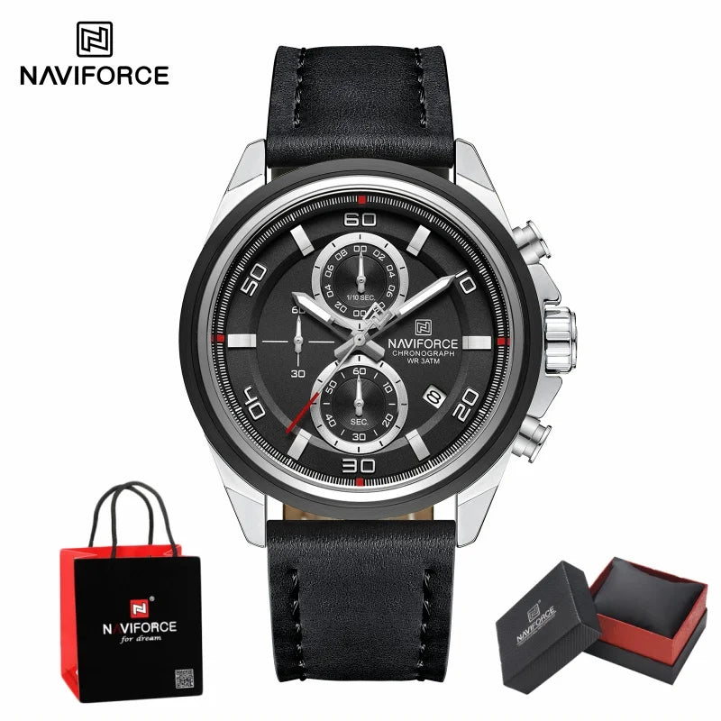 NAVIFORCE Men's Watch Quartz Chronograph Genuine Leather Strap Waterproof Luminous Hand Male Fashion Design Wristwatch Gifts Box