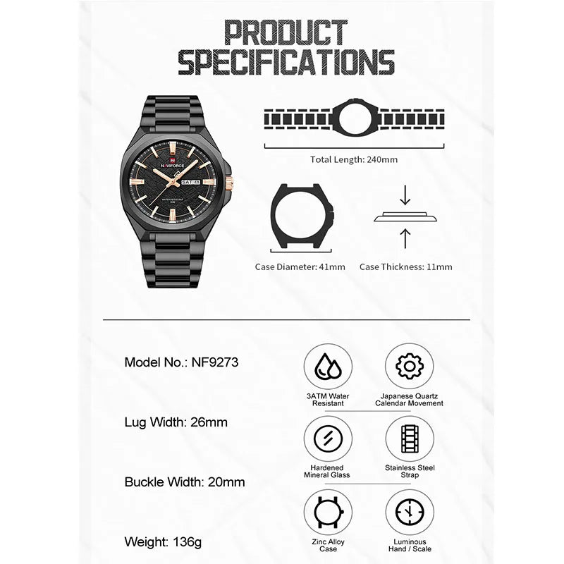 NAVIFORCE Male Quartz Stylish Wristwatch Date Week Display Waterproof Luminous Steel Band Man's Clock Luxury Wristwatch Gift Box