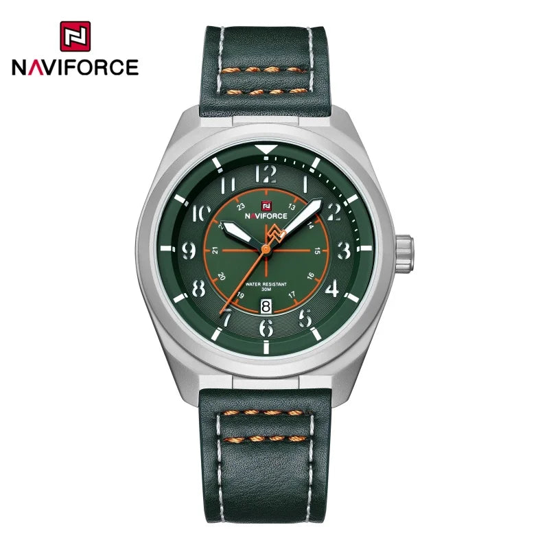 NAVIFORCE Simple Men Quartz Calendar Watch 3ATM Waterproof Genuine Leather Strap Business Casual Fashion Mature Style Wristwatch