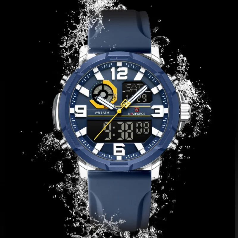 NAVIFORCE Quartz Dual Display Wristwatch for Men 50M Waterproof Silicone Band Multifuntion Clock Male Fashion Daily Sports Watch