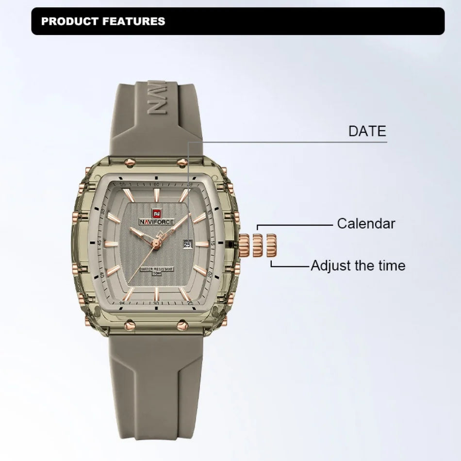 NAVIFORCE Ladies Wristwatches Fashion Comfortable Silicone Strap Date Women's Watches Quality Waterproof Female Luminous Clock