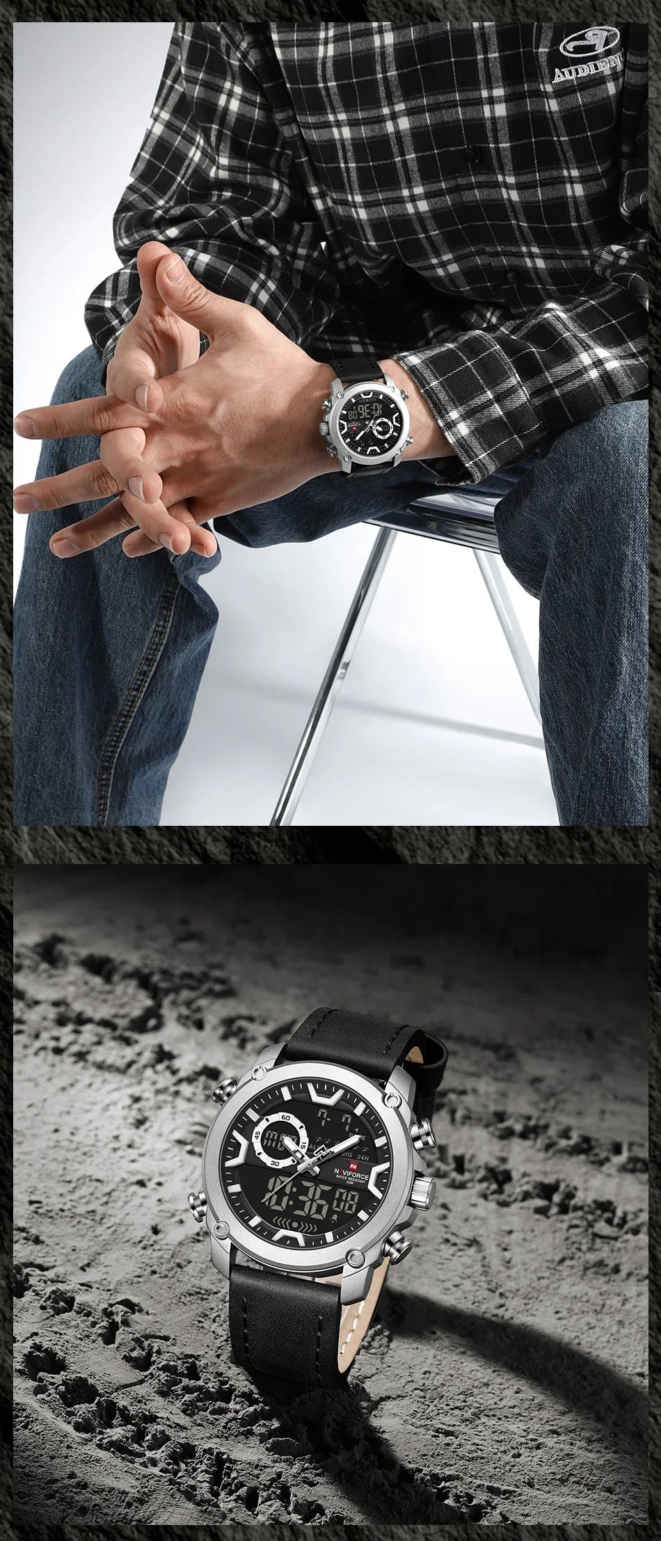 NAVIFORCE Mens Watch Original Simple Brand Quartz Watch Japan Movement Genuine Band Luminous Dual Display Watches For Men Gifts