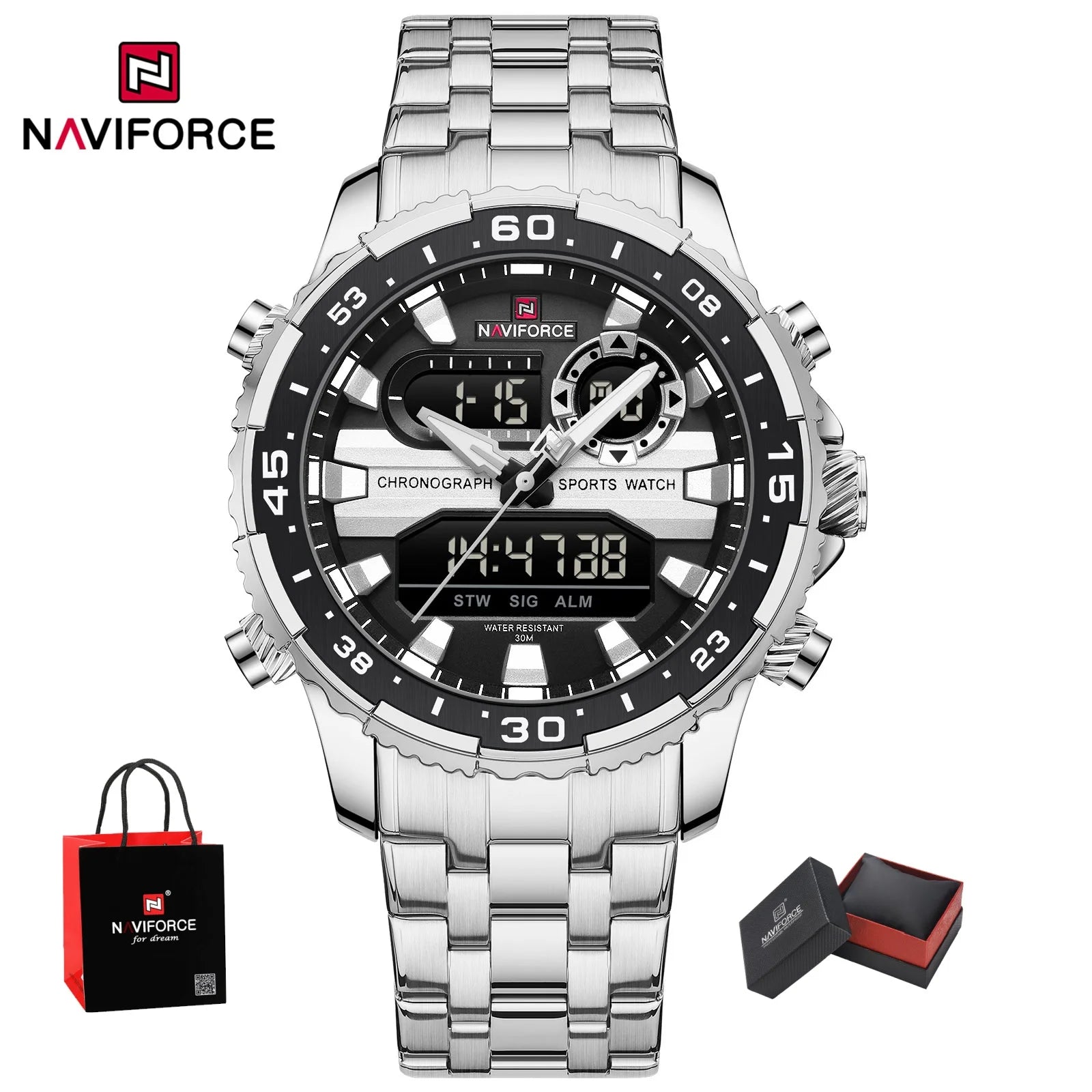 NAVIFORCE Men's Watch Quartz Analog LCD Digital Wristwatch Male Stainless Steel Strap Water Resistant Date Clock Package Gifts