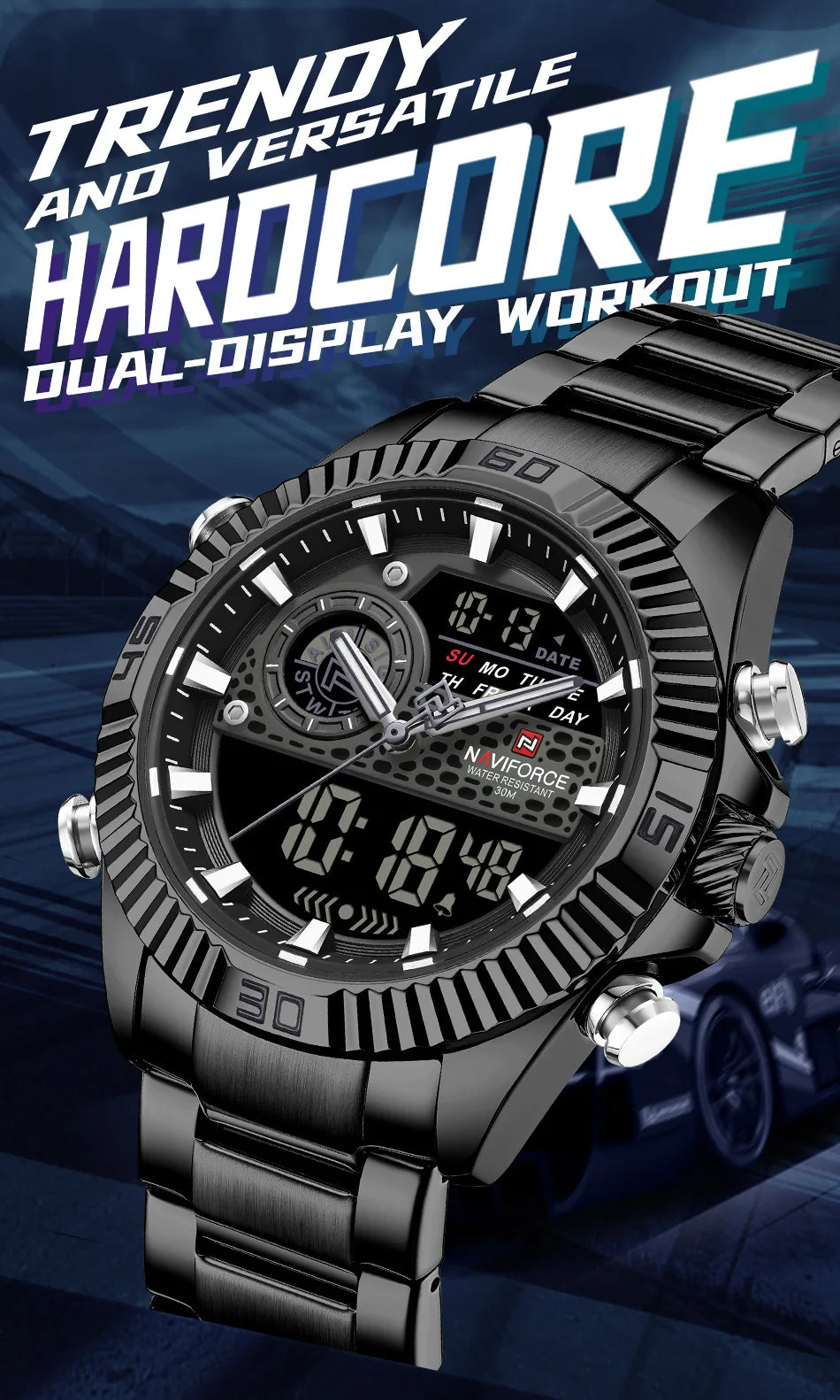 NAVIFORCE Men Watches Quartz Dual Display Waterproof Stainless Steel Male Luxury Fashion Business Outdoor Wristwatch Gifts Box
