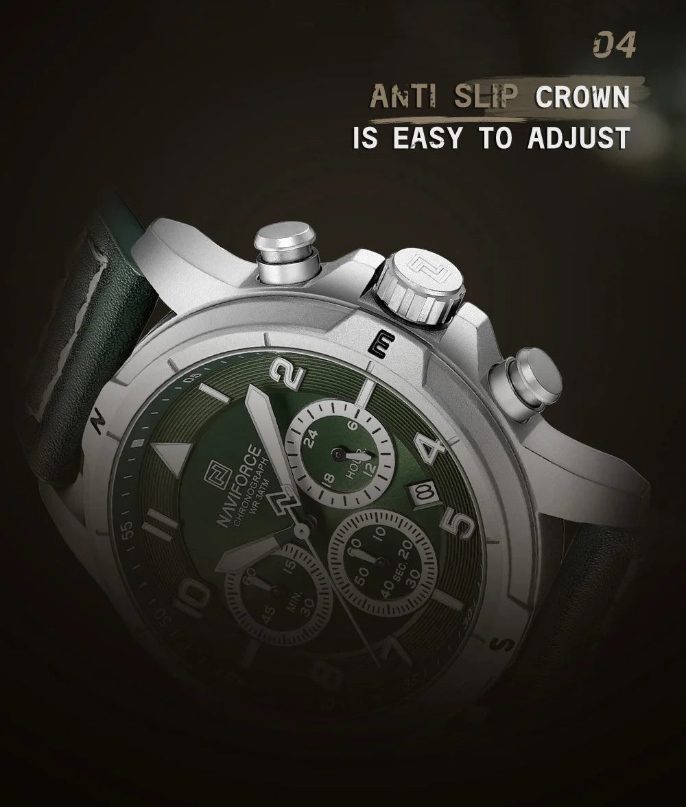 NAVIFORCE Classic Men Quartz Chronograph Watch 3ATM Waterproof Date Display Leather Strap Business Wristwatch Gift Box for Male
