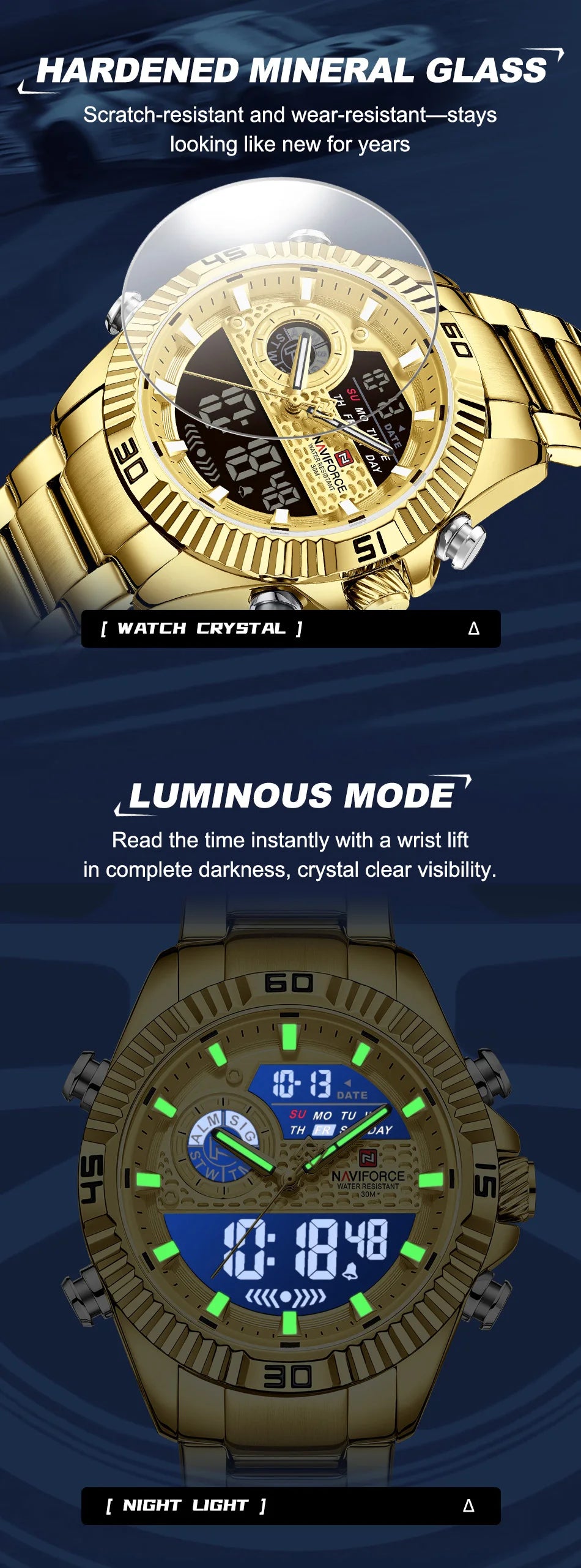 NAVIFORCE Men's Watch Quartz Dual Display 3ATM Waterproof Luminous Chronograph Alarm Clocks Male Luxury High Quality Wristwatch