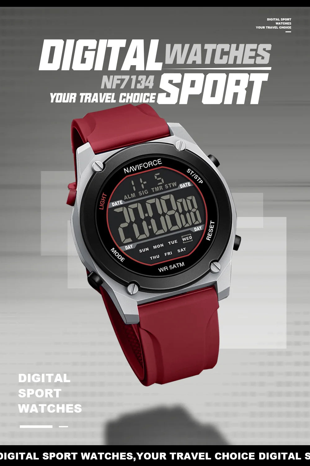 NAVIFORCE Men's LCD Digital Watch 50M Water Resistant Electronic Calendar Fashion Silicone Band Alarm Clock Wristwatch Gifts Box