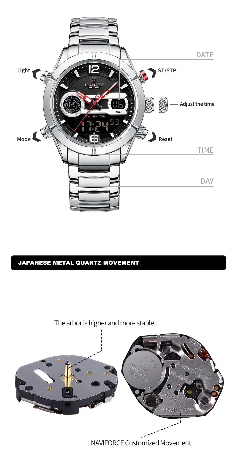 NAVIFORCE Brand Luxury Watch For Men Waterproof Digital Sport Quartz Wristwatches Military Luminous Stainless Steel Strap Clock