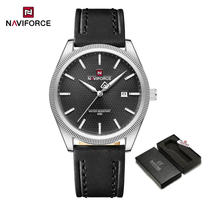 NAVIFORCE Men's Watches Fashion Genuine Leather Strap 30M Waterproof Male Quartz Wristwatches Luminous Point Date Display Clock
