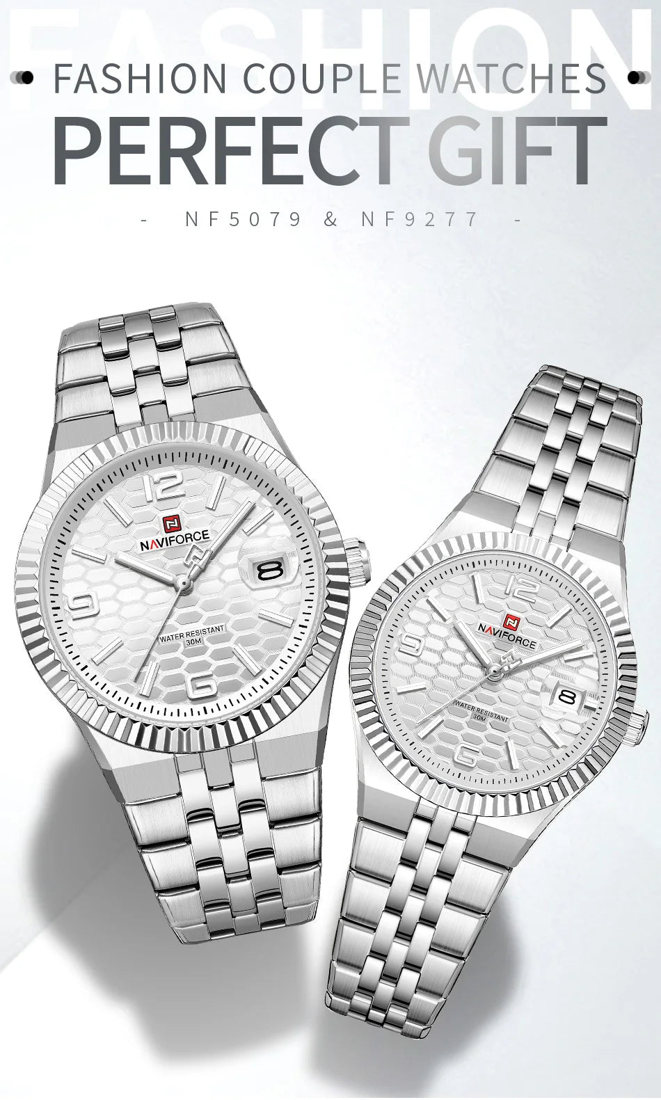 NAVIFORCE Couple Watch Quartz Calendar 3ATM Waterproof Stainless Steel Trendy Luxury Lover Wristwatch for Men and Women Gifts
