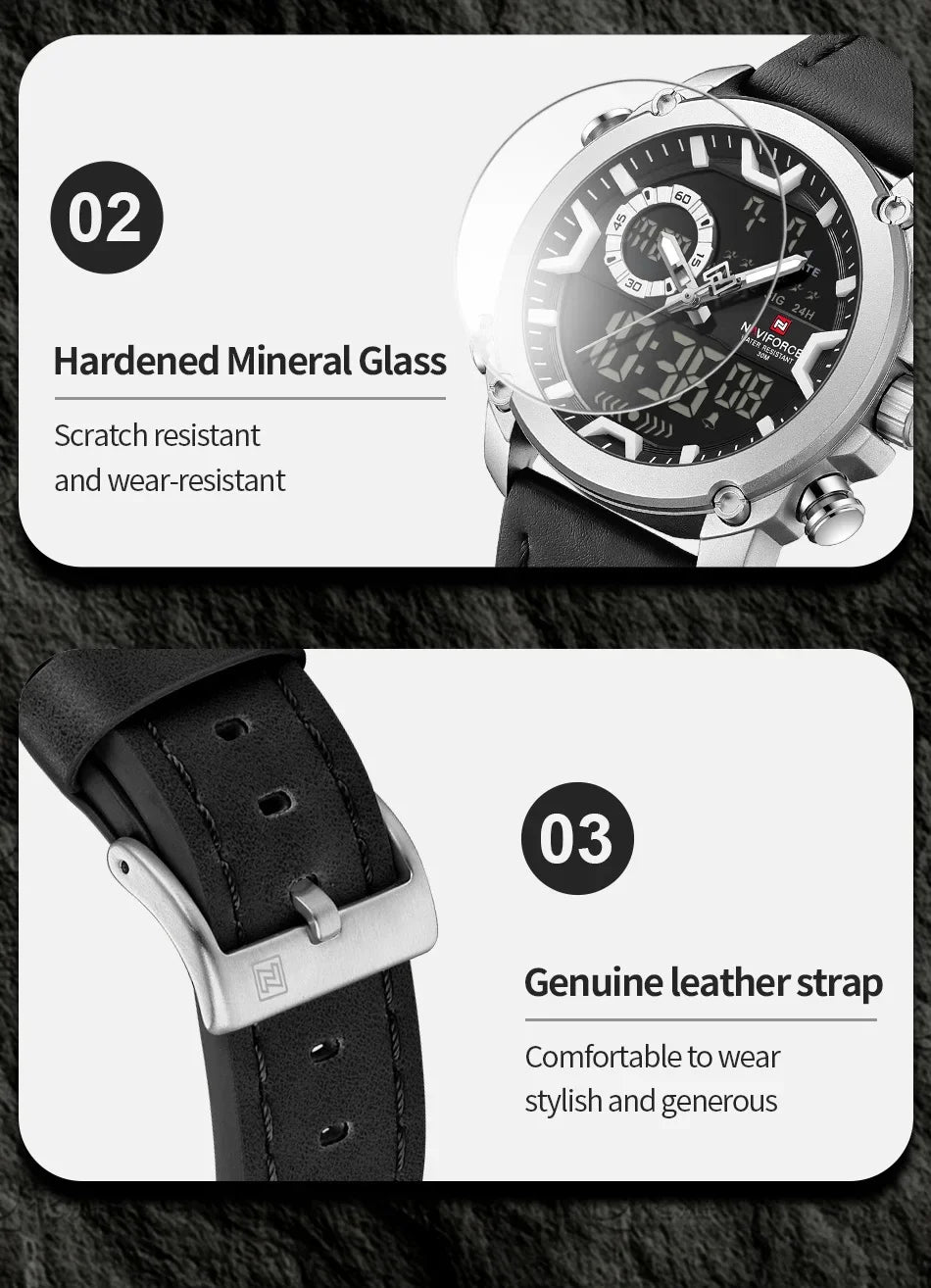 NAVIFORCE Mens Watch Original Simple Brand Quartz Watch Japan Movement Genuine Band Luminous Dual Display Watches For Men Gifts