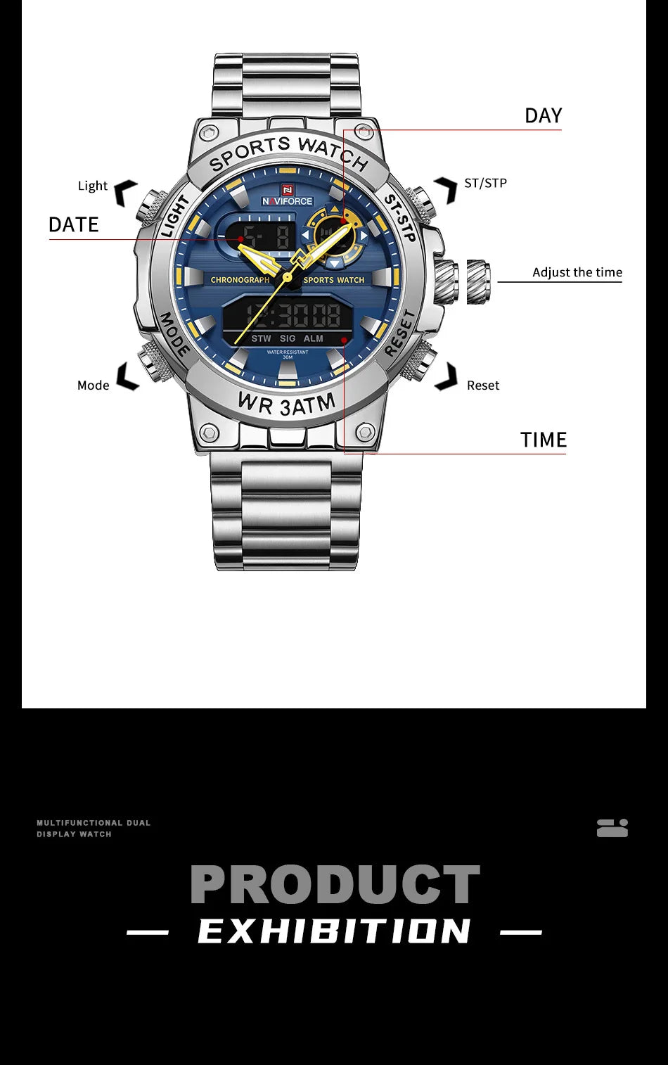 NAVIFORCE Men Military Watch Waterproof Wristwatch Dual Display Quartz Clock Sport Watch Male Big Watches Men Relogios Masculino