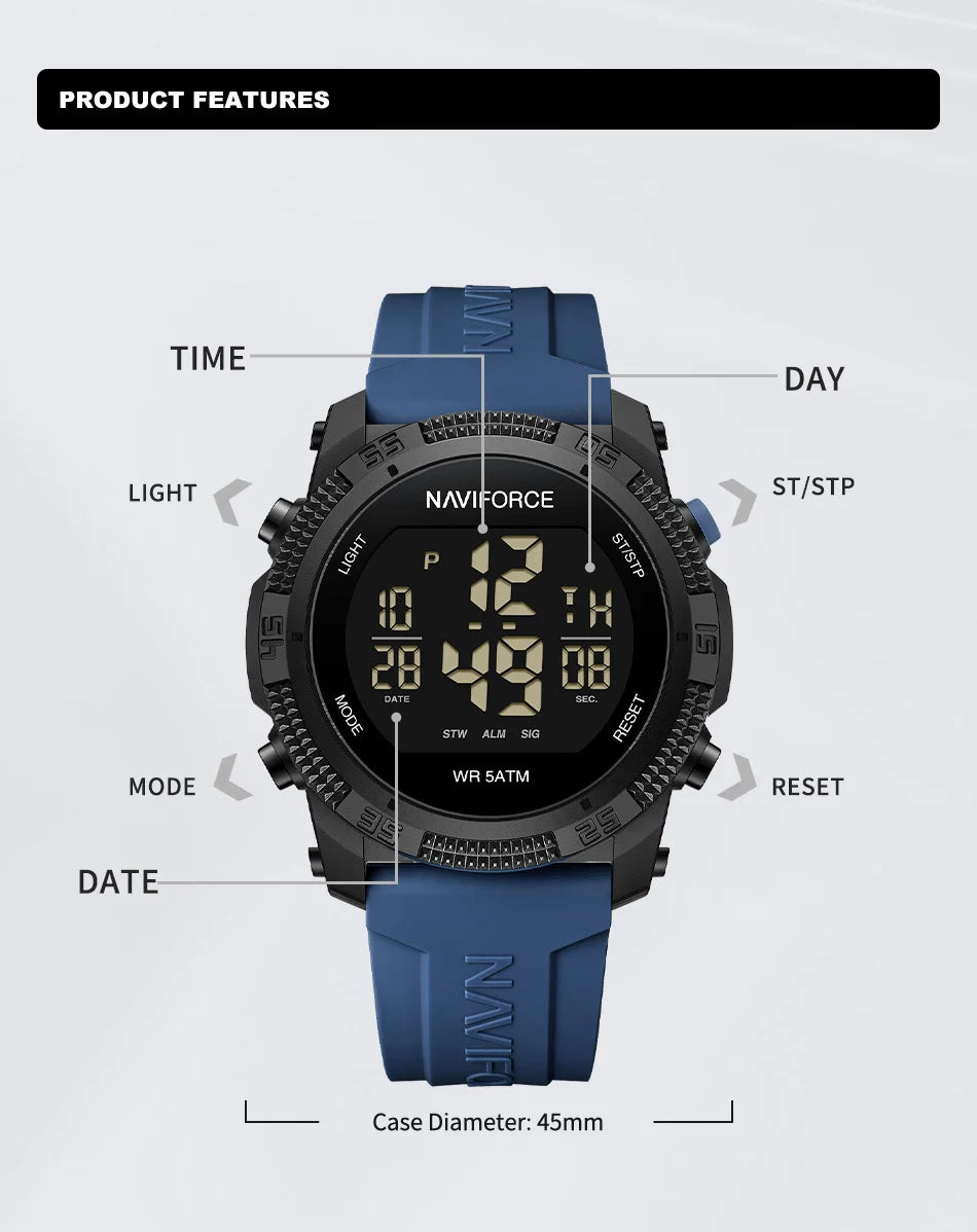NAVIFORCE Men's Electronic Watch Fashion 5ATM Waterproof Silicone Strap Calendar Male LCD Digital Wristwatch Relogio Masculino