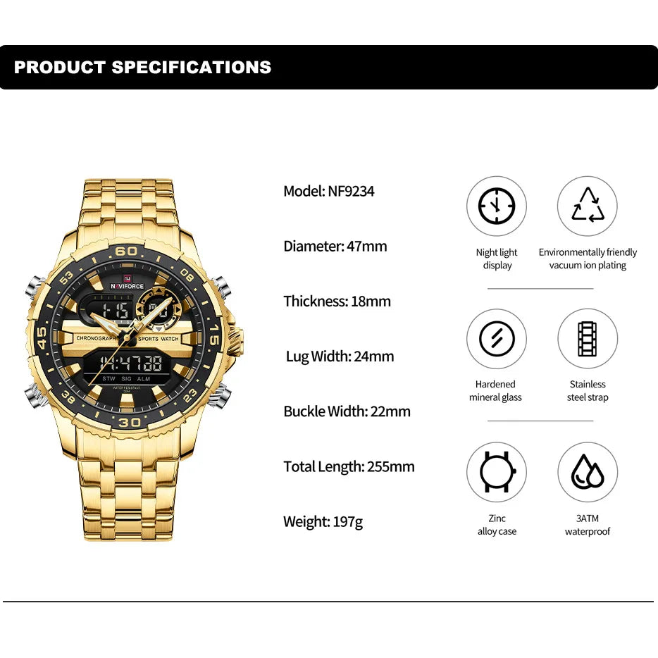 NAVIFORCE Men's Sports Alarm Watch Waterproof Chronograph Quartz Movement Steel Band Digital Date Week Display Wristwatches Gift