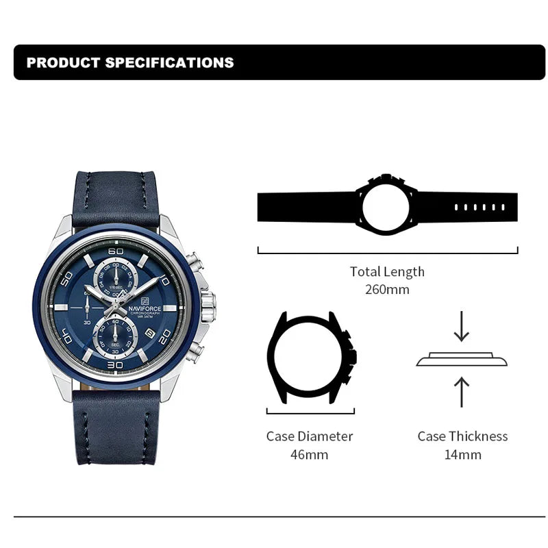 NAVIFORCE Brand Watches For Men Genuine Leather Band Chronograph Quartz Wristwatches Casual Sport 30m Waterproof Male Gift Clock