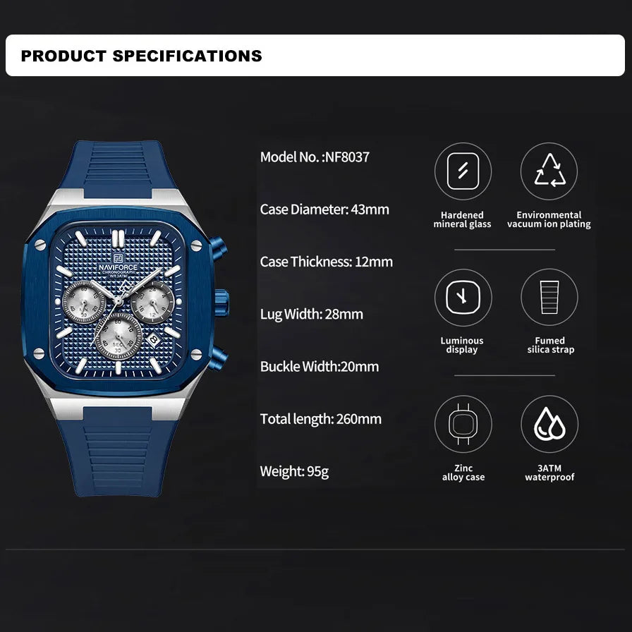 NAVIFORCE Luxury Men Watches Fashion Casual Waterproof Date Quartz Wristwatches Silicone Strap Luminous Clock Relogio Masculino