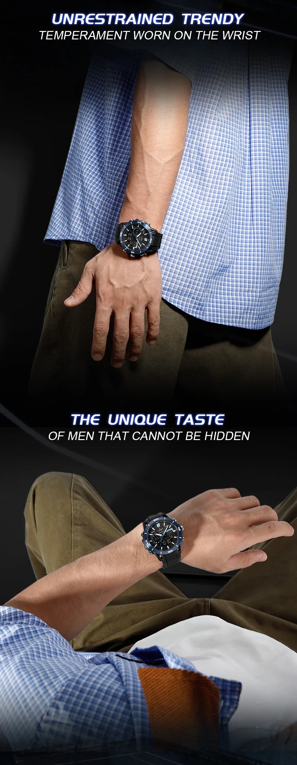 NAVIFORCE Men's Fashion Dual Display Watch 5ATM Waterproof Luminous Soft TPU Strap Male Sports Outdoor Daily Wristwatch Gift Box