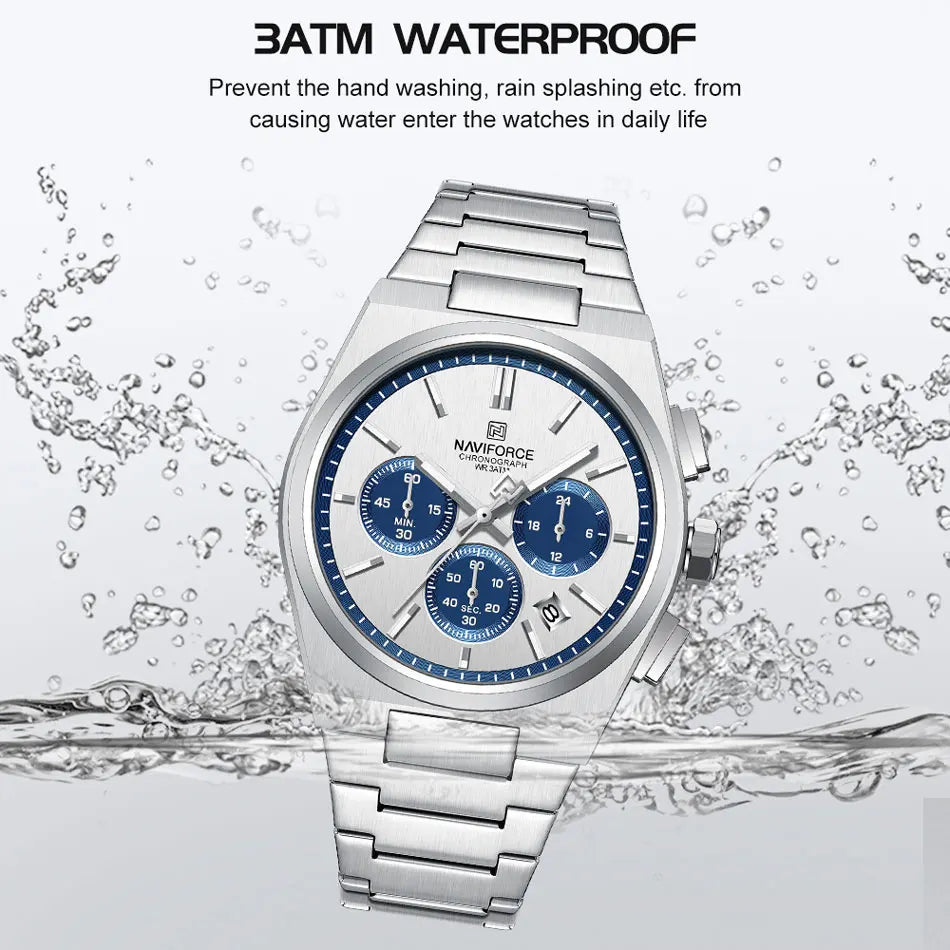 NAVIFORCE Male Quartz Stylish Watches Chronograph Waterproof Luminous Hands Stainless Steel Band Men Luxury Business Wristwatch