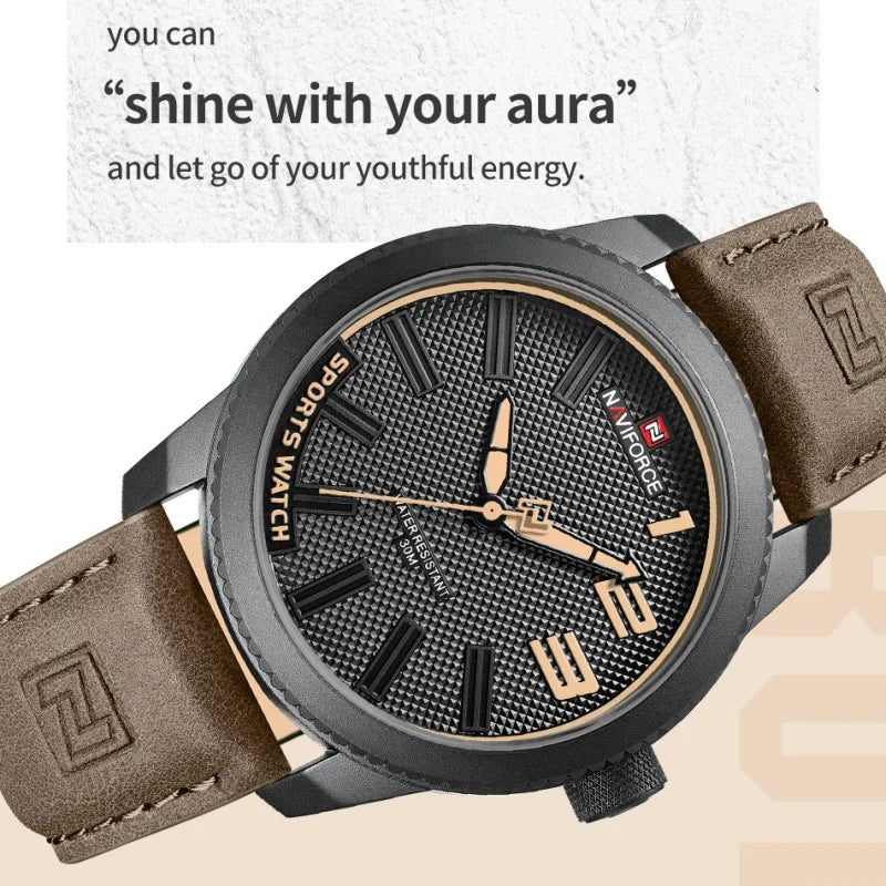 NAVIFORCE Man's Simple Fashion Quartz Watch Waterproof Soft PU Strap Mature Male Outdoor Daily Wear Sports Wristwatch Gifts Box