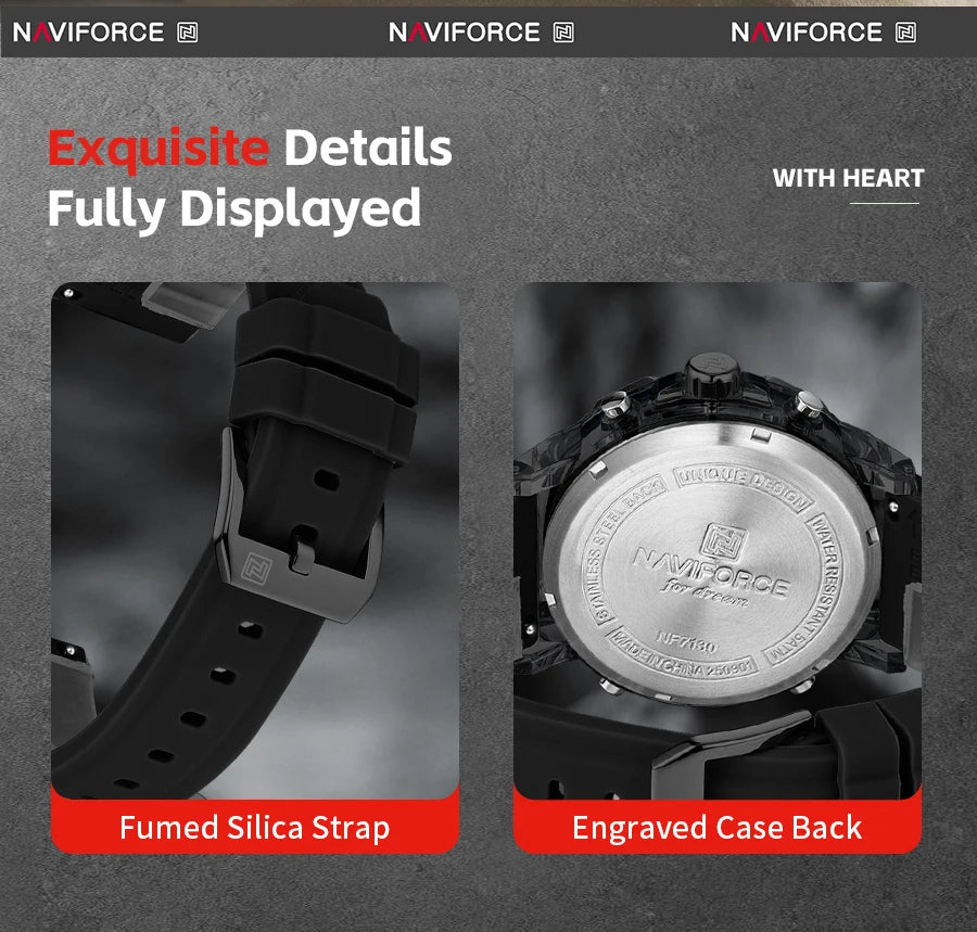 NAVIFORCE Men's Military Quartz Watch Slate Gray Dial White Arabic Numeral Scale 5ATM Waterproof Sports Personality Wristwatches