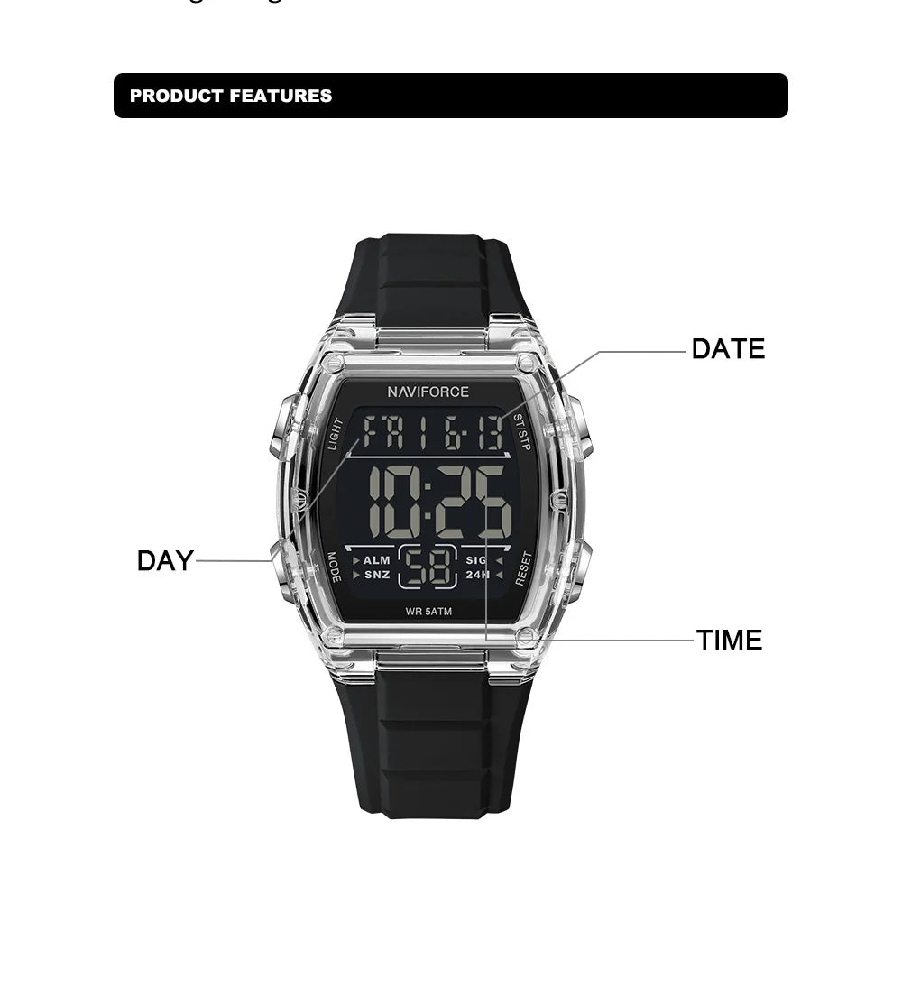 NAVIFORCE Luxury LCD Digital Sport Watches For Men Luxury Casual Alarm Clock 50M Waterproof Silicone Band Electronic Wristwatch