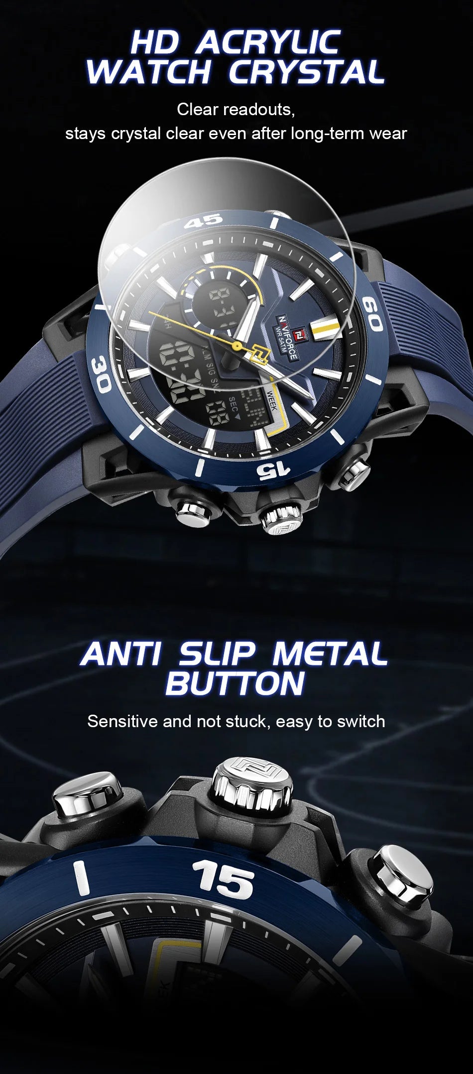 NAVIFORCE Men Watches Quartz Dual Display 50M Waterproof Chronograph Luminous Alarm Clock Male Business Sports Trendy Wristwatch